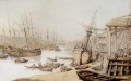 Blick auf die Themse mit zahlreichen Schiffe und Fakten zur Wharf Karikatur Thomas Rowlandson